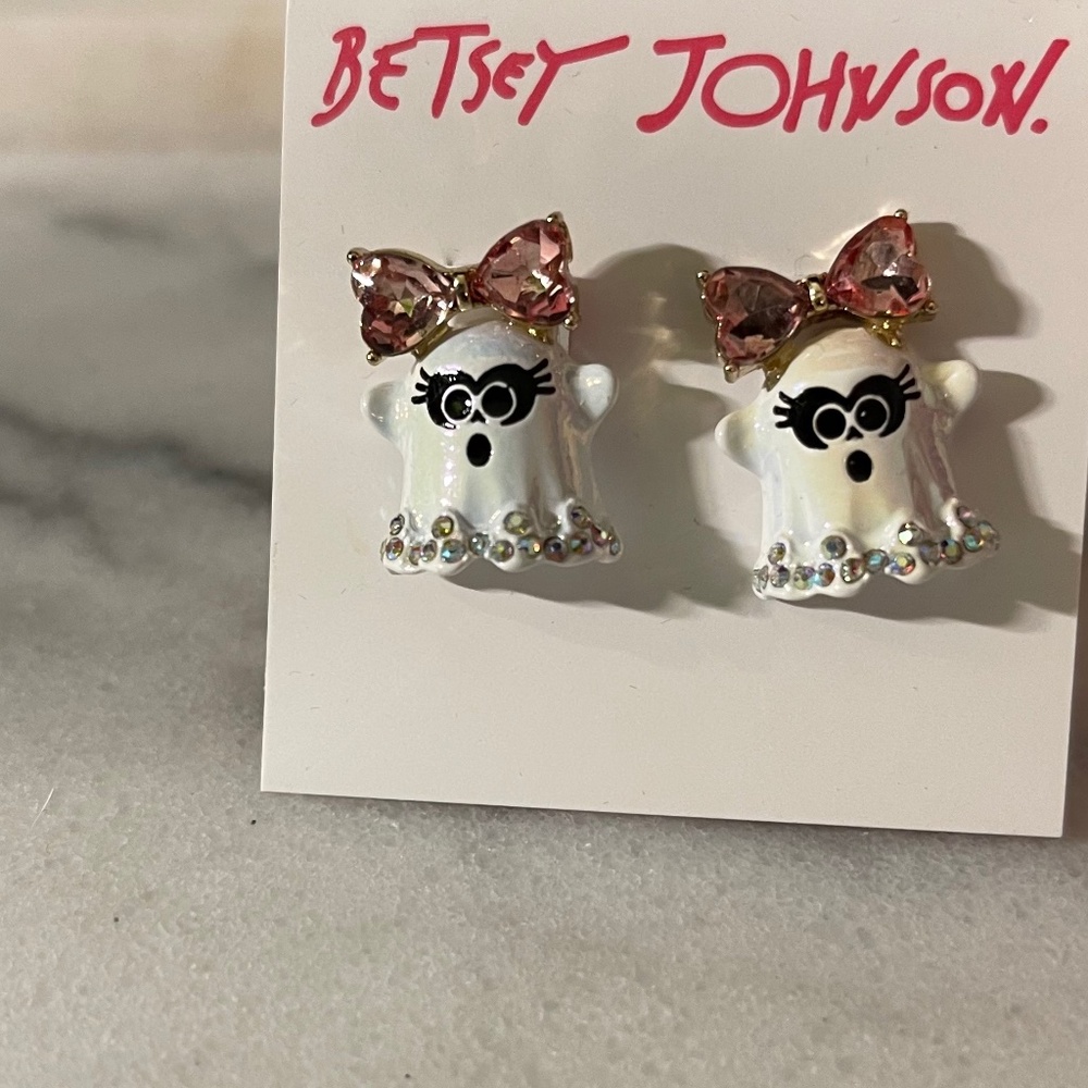 New Betsey Johnson ghost stud earrings with pink crystal bows, super rare!!!